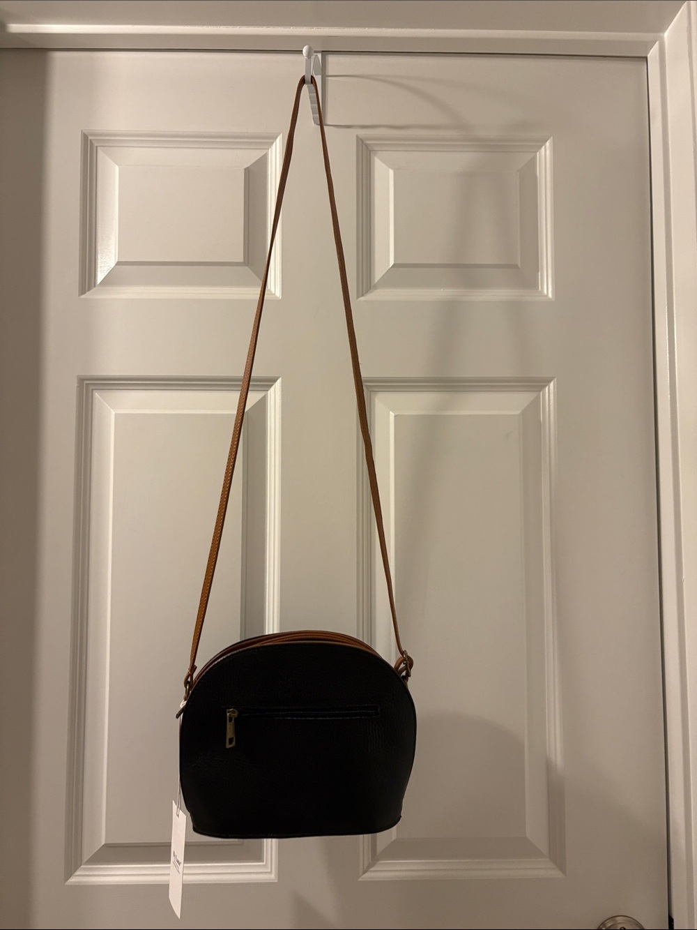 Italian Minimal Black Crossbody Bag with Tan Strap